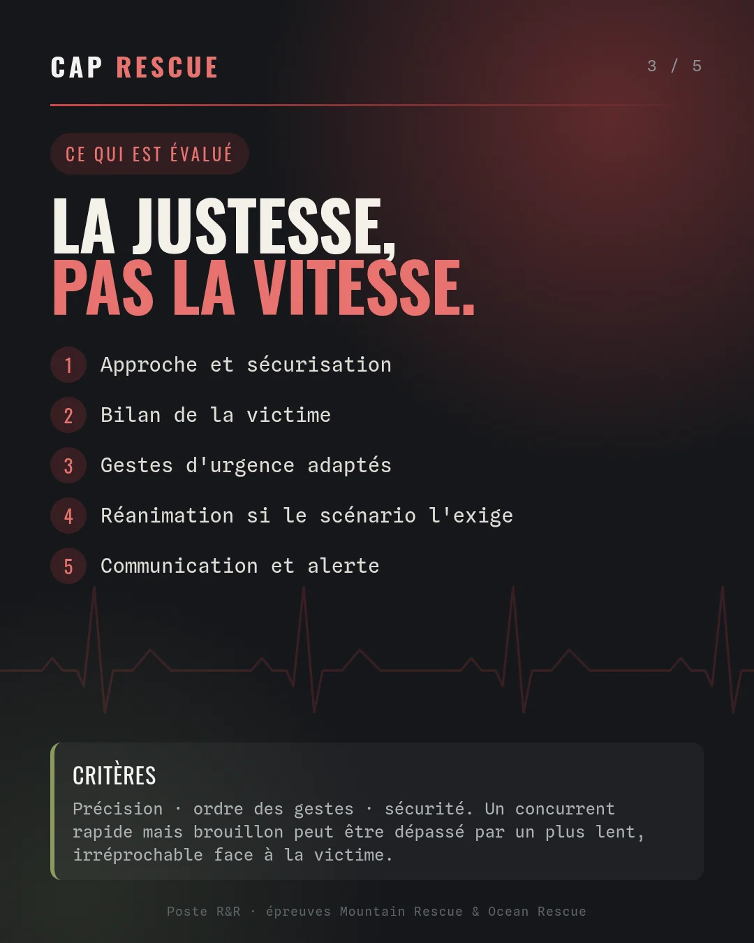 Critères d'évaluation du R&R : approche, bilan, gestes d'urgence, réanimation, communication et alerte