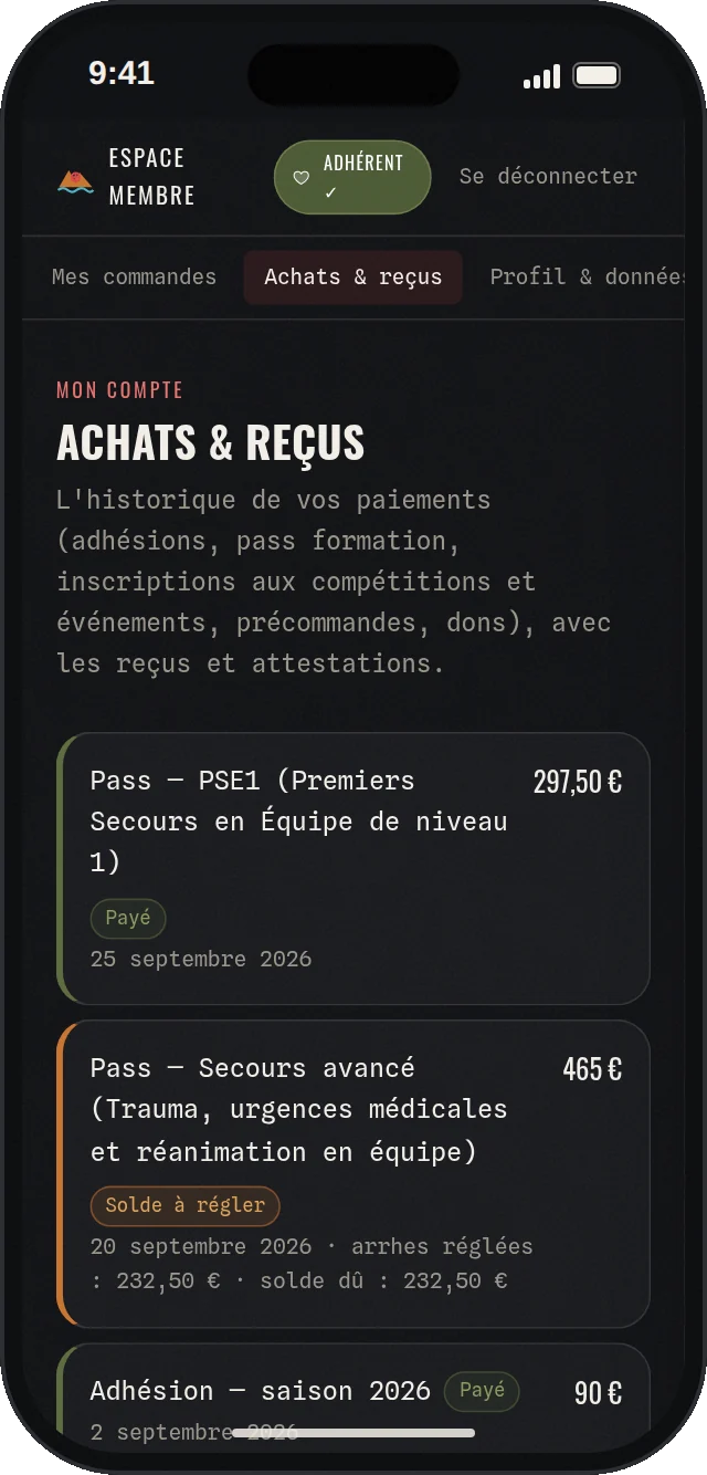 Historique des achats de l'espace membre : pass de formation, arrhes et solde, adhésion, reçus à télécharger