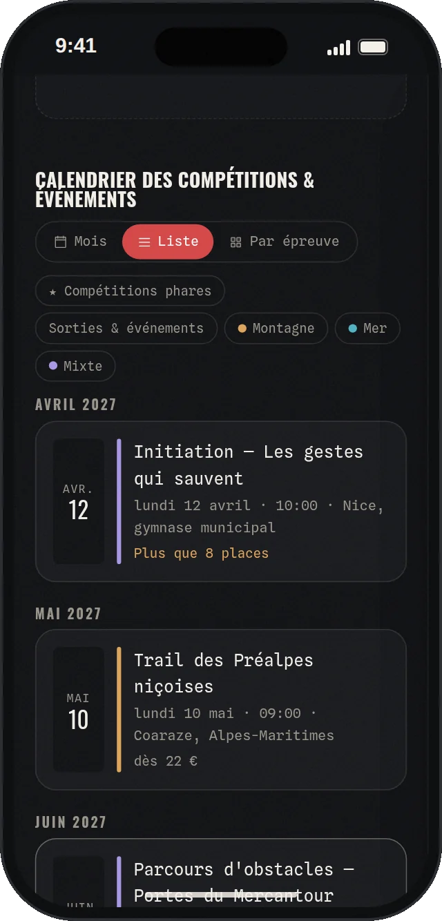 Calendrier des compétitions de sauvetage et événements dans les Alpes-Maritimes : initiation, trail, parcours d'obstacles
