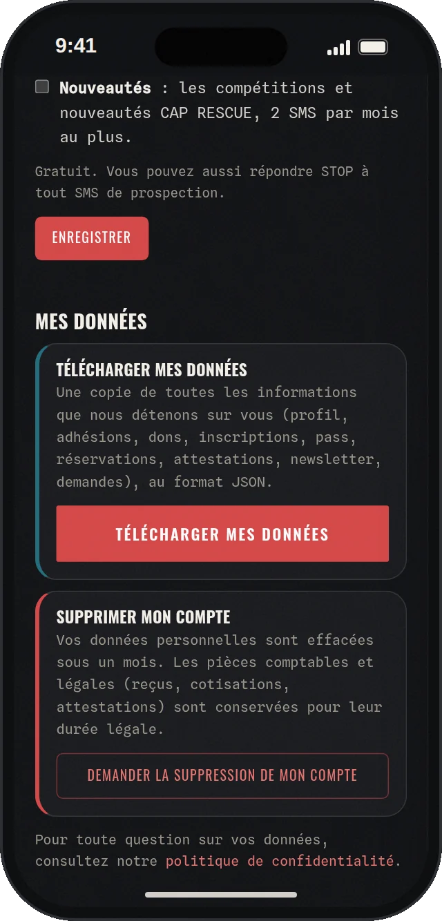 Données personnelles RGPD dans l'espace membre : télécharger ses données et supprimer son compte