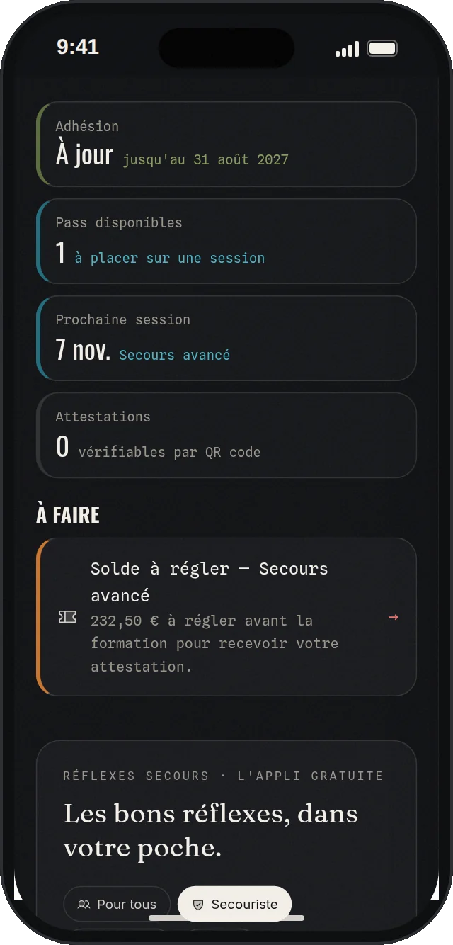 Bloc À faire de l'espace membre : solde de formation à régler avant la session