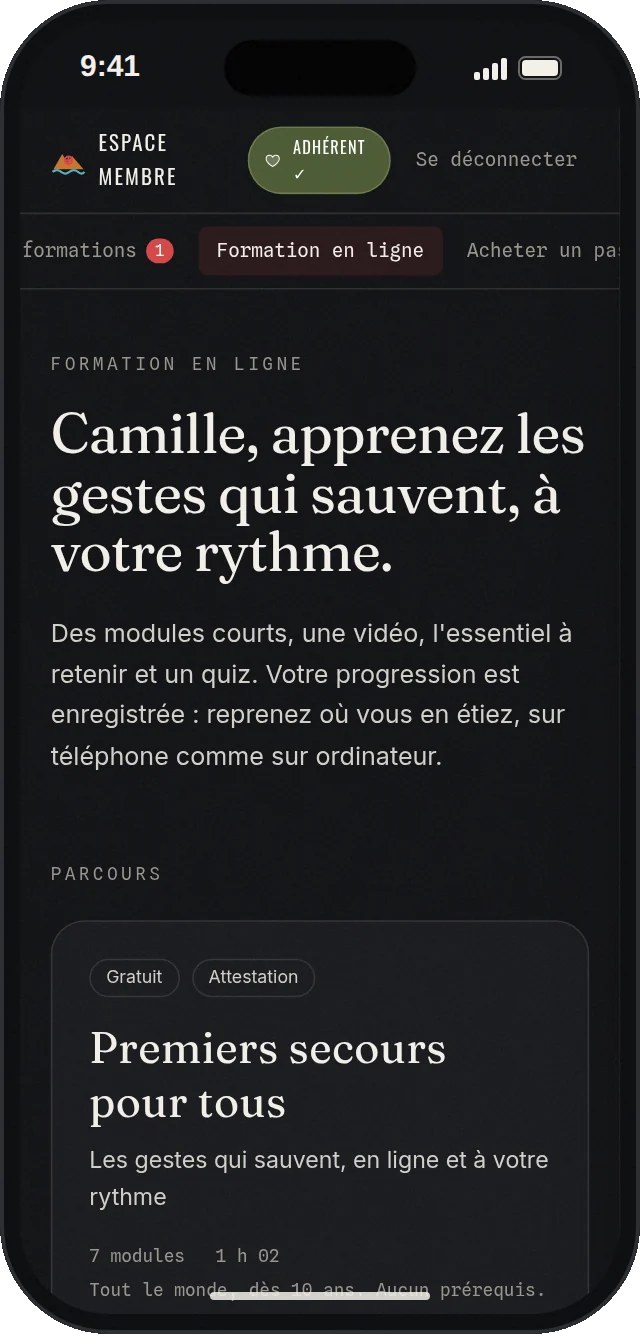 Formation en ligne Premiers secours pour tous dans l'espace membre : modules, vidéo et quiz