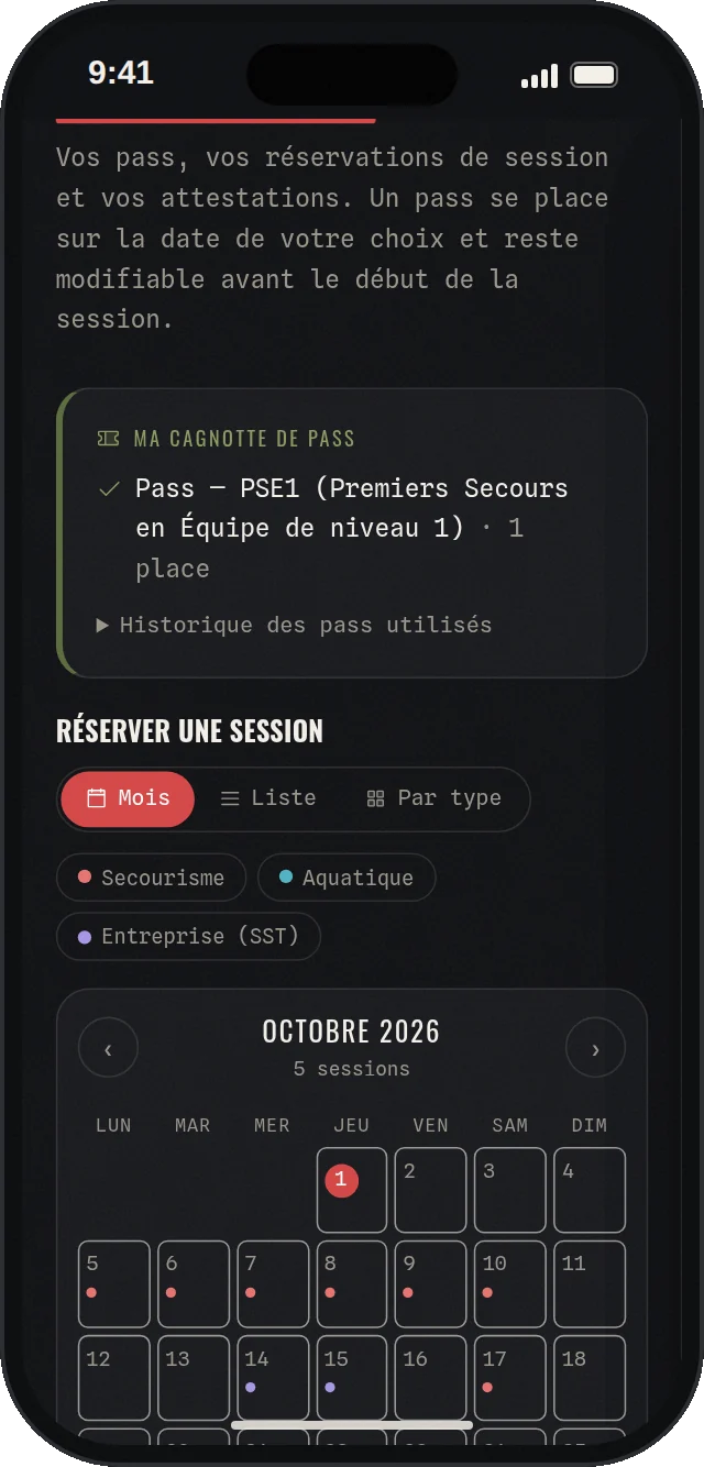 Mes formations : cagnotte de pass et calendrier pour réserver une session de secourisme