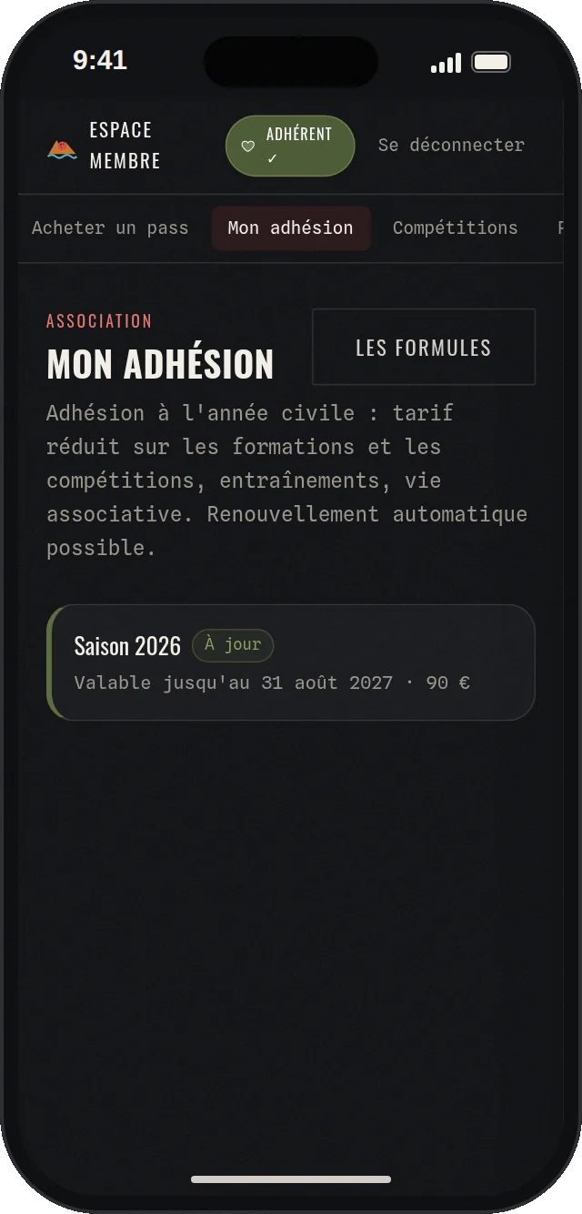 Mon adhésion dans l'espace membre : saison à jour, formule et validité