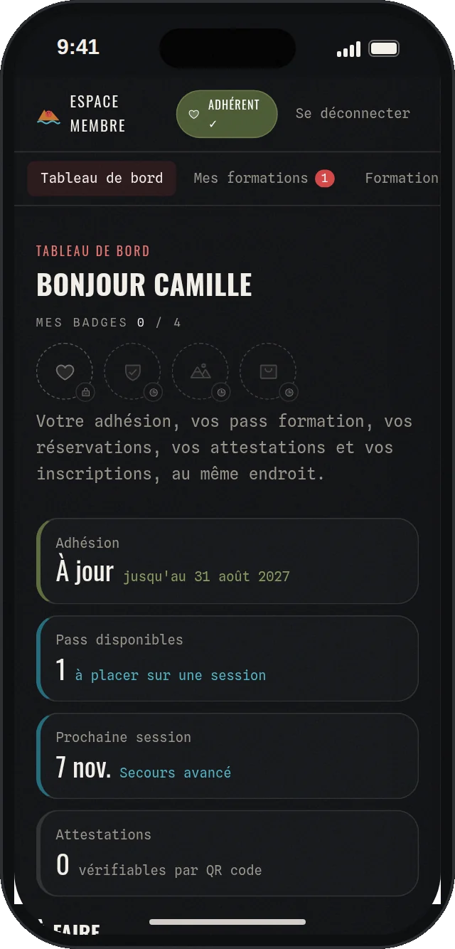 Tableau de bord de l'espace membre CAP RESCUE : adhésion, pass de formation, prochaine session et attestations