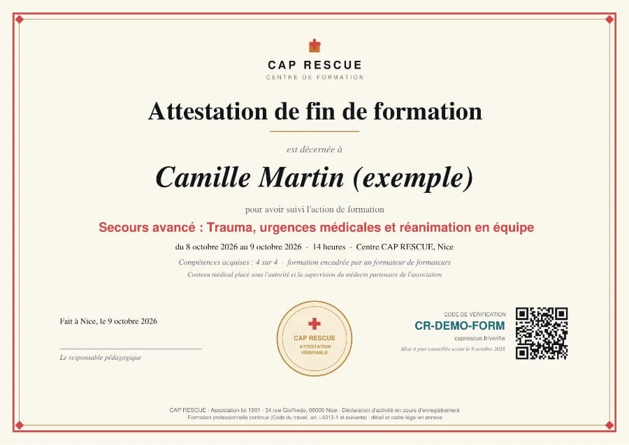 Exemple d'attestation de fin de formation CAP RESCUE, format diplôme, avec sceau, QR code et code de vérification
