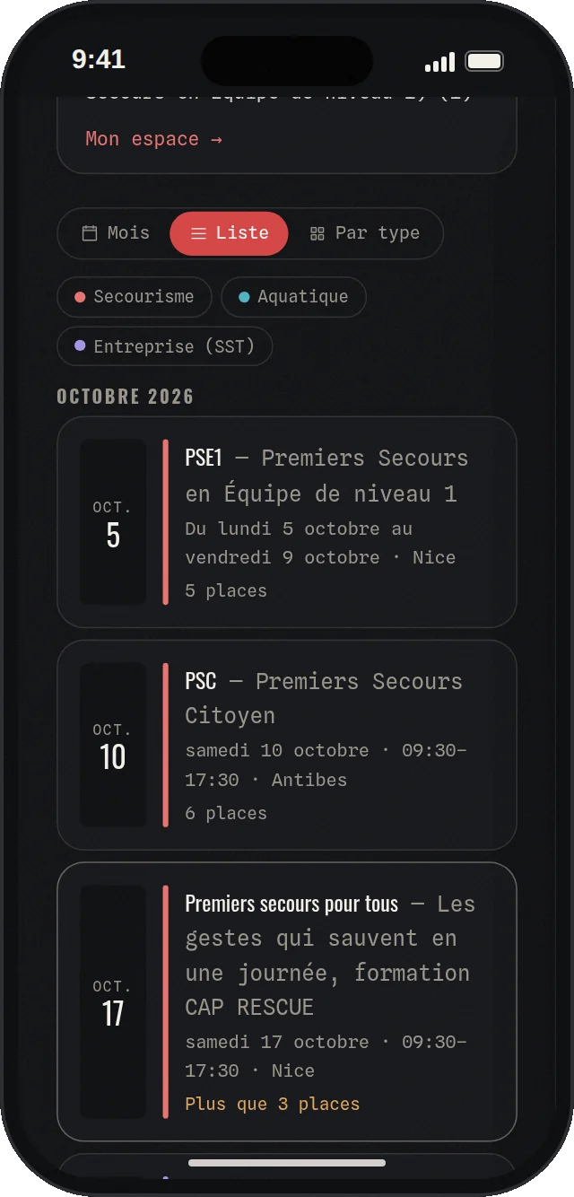 Calendrier des formations en vue liste : sessions PSE1, PSC et Premiers secours pour tous avec les places restantes