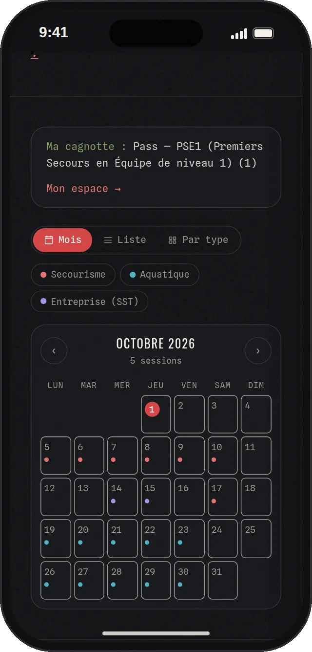 Calendrier des formations CAP RESCUE sur mobile