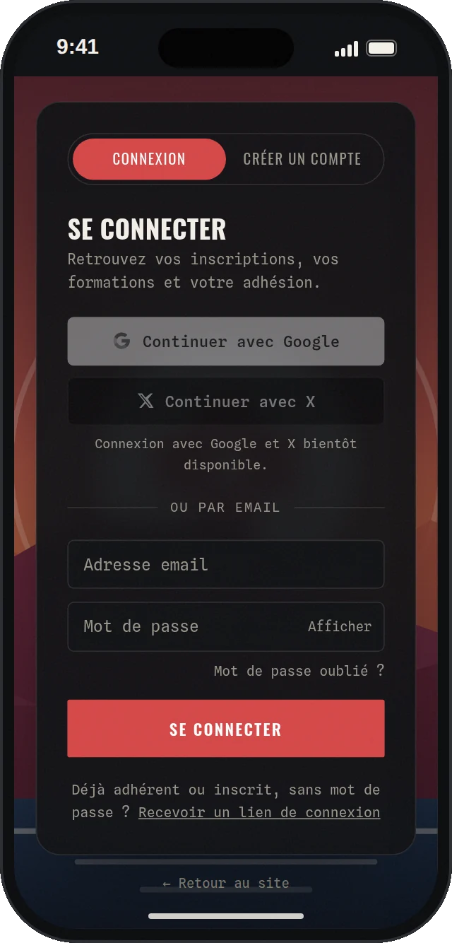 Page de connexion de l'espace membre CAP RESCUE : connexion par email et mot de passe ou lien de connexion