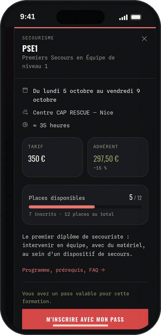 Détail d'une session PSE1 : dates, lieu, durée, tarif, tarif adhérent −15 % et places disponibles