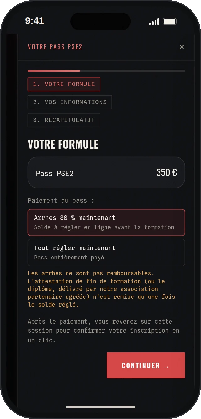 Panier d'un pass de formation PSE2 : arrhes de 30 % ou paiement complet