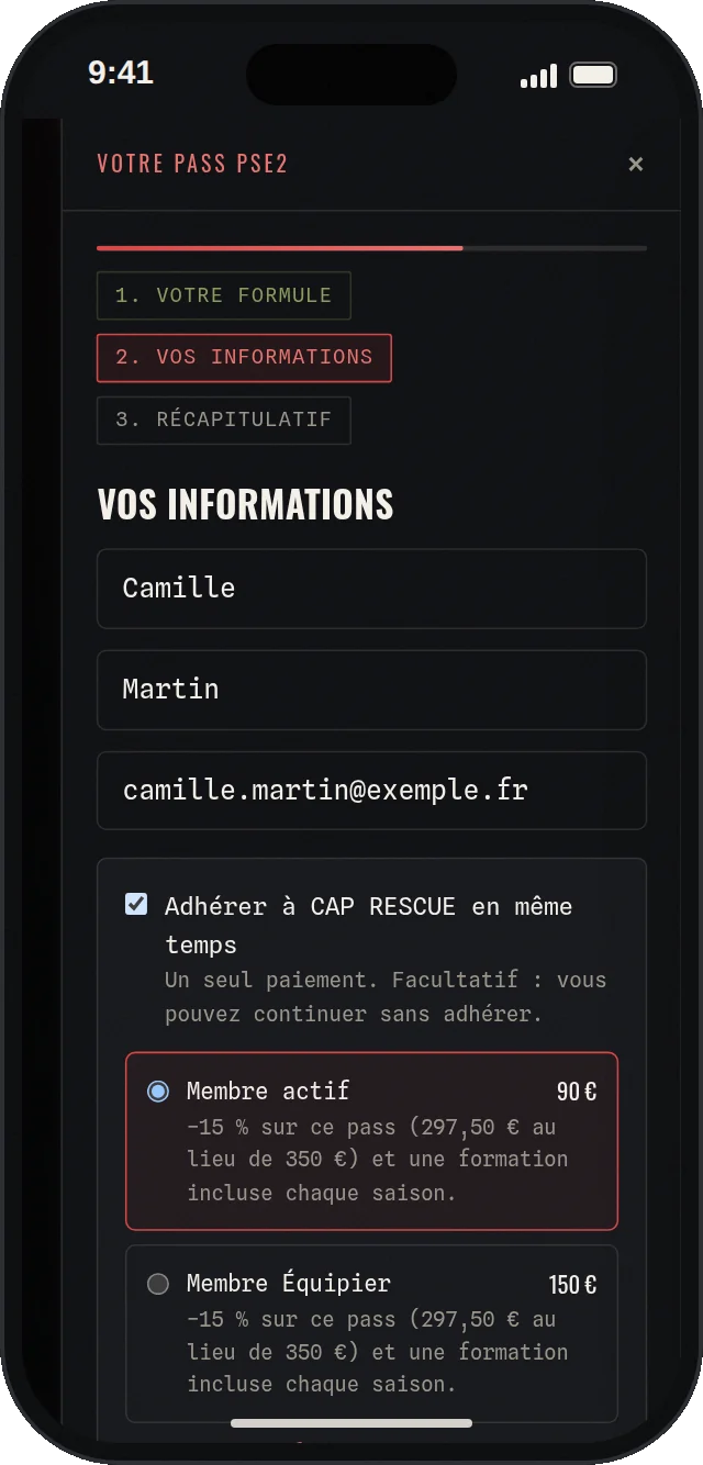 Option d'adhésion dans le panier : Membre actif ou Équipier, pass au tarif adhérent −15 %