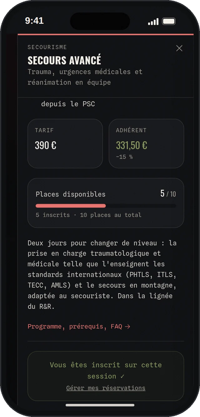Session de formation réservée : confirmation « Vous êtes inscrit sur cette session »