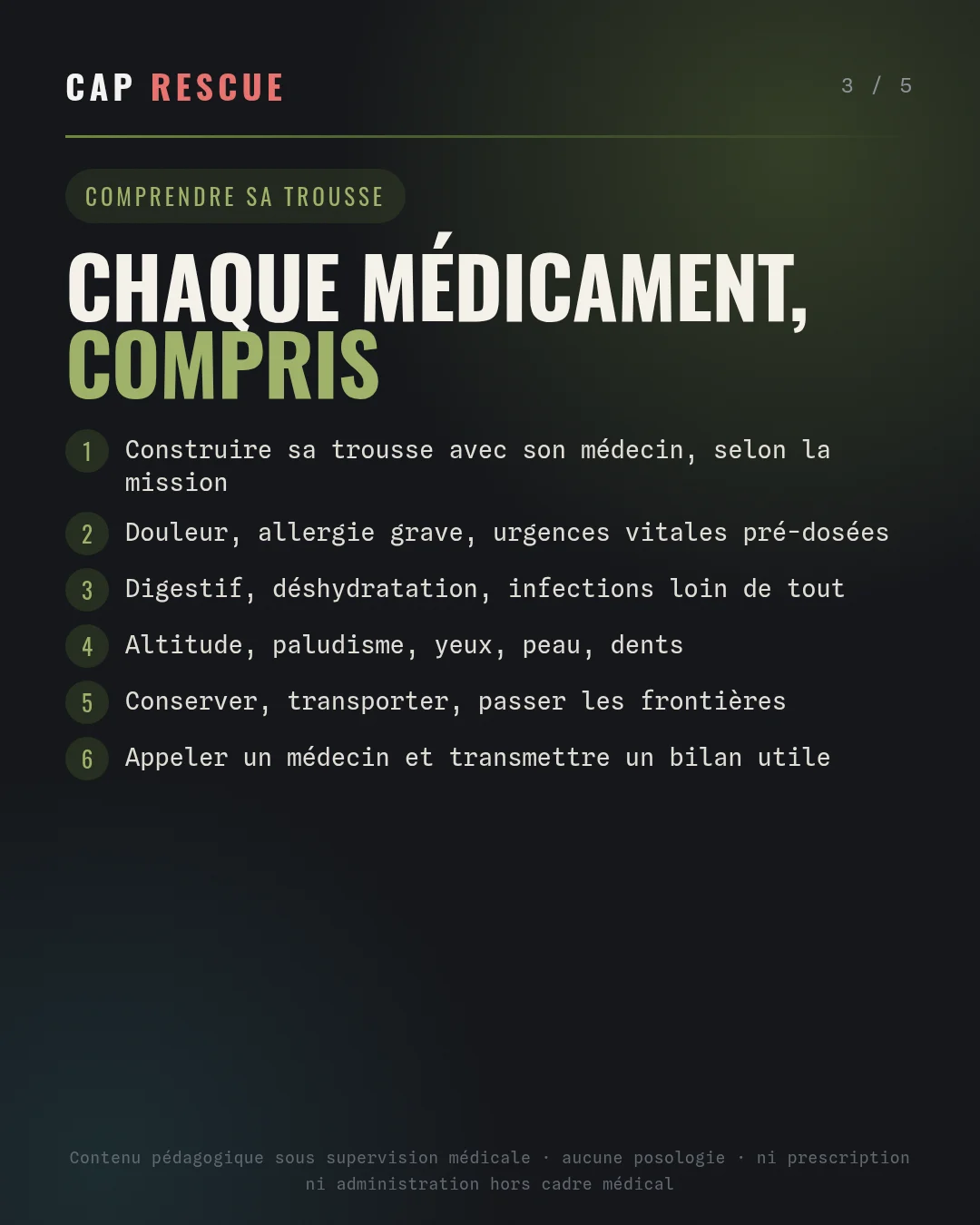 Comprendre sa trousse de secours : médicaments en milieu isolé, par thème