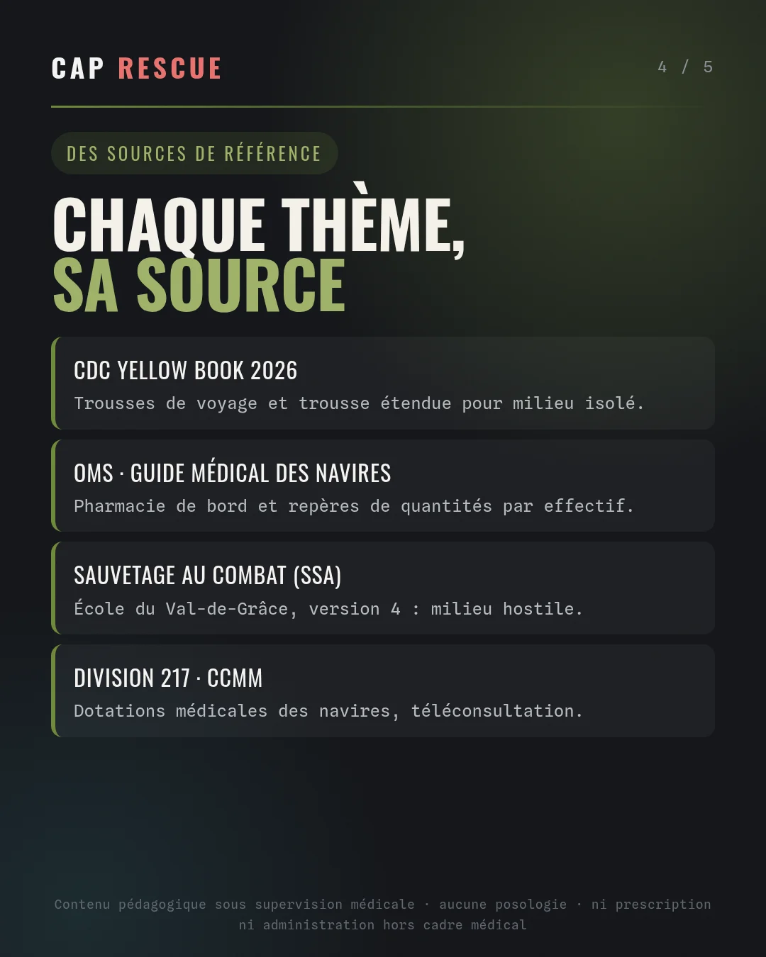Sources de référence pour une trousse de secours en milieu isolé : CDC Yellow Book, OMS, Sauvetage au combat, Division 217
