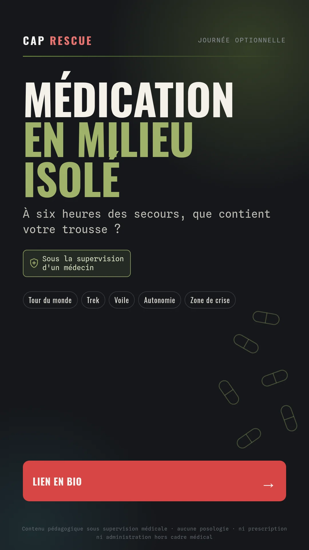 Trousse de secours de voyage et d'autarcie en milieu isolé
