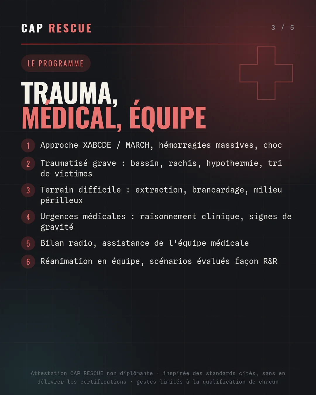 Programme de la formation Secours avancé : traumatologie, urgences médicales, bilan et réanimation en équipe