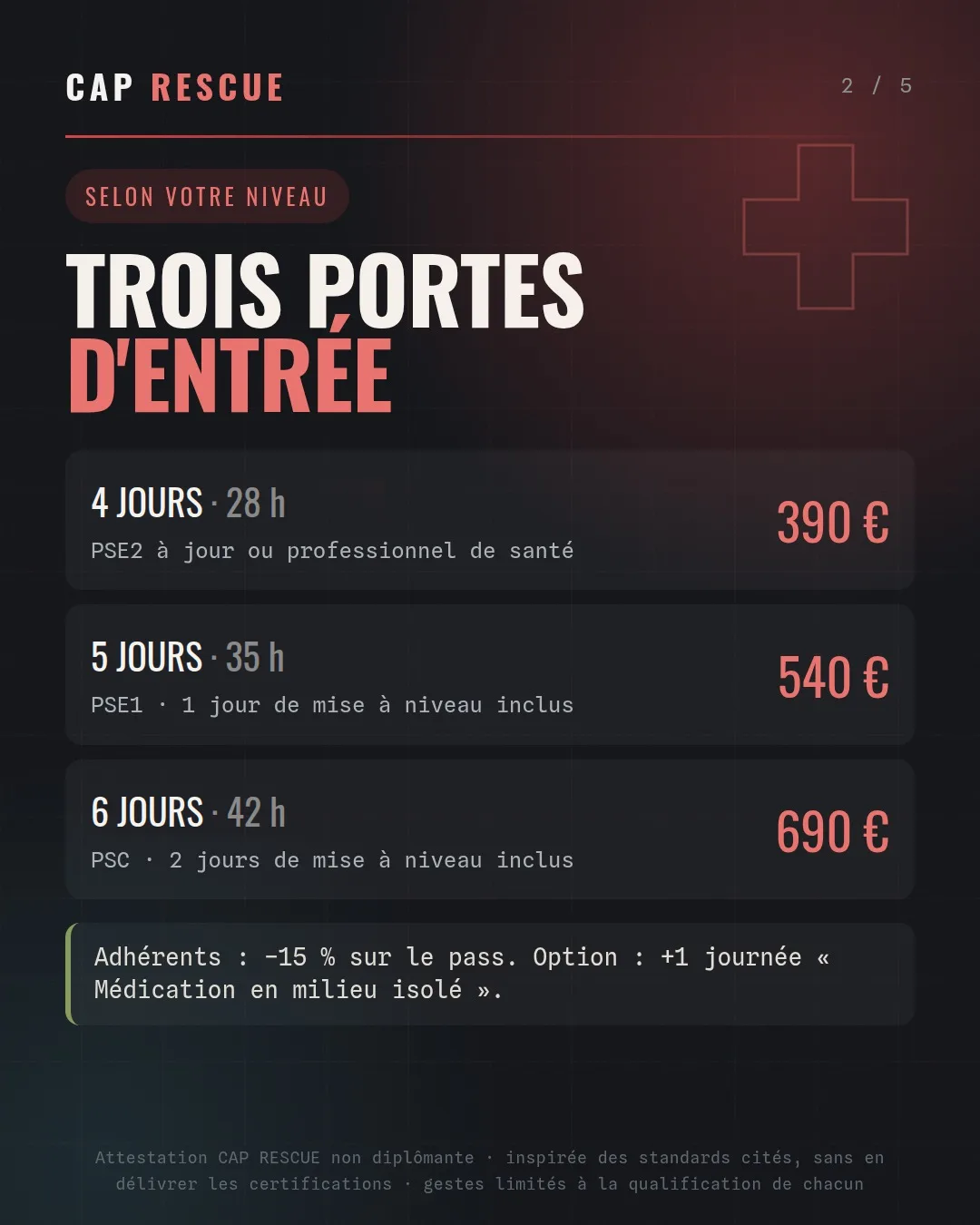 Parcours Secours avancé de 4, 5 ou 6 jours (28, 35 ou 42 h) selon le niveau PSE2, PSE1 ou PSC, avec les tarifs