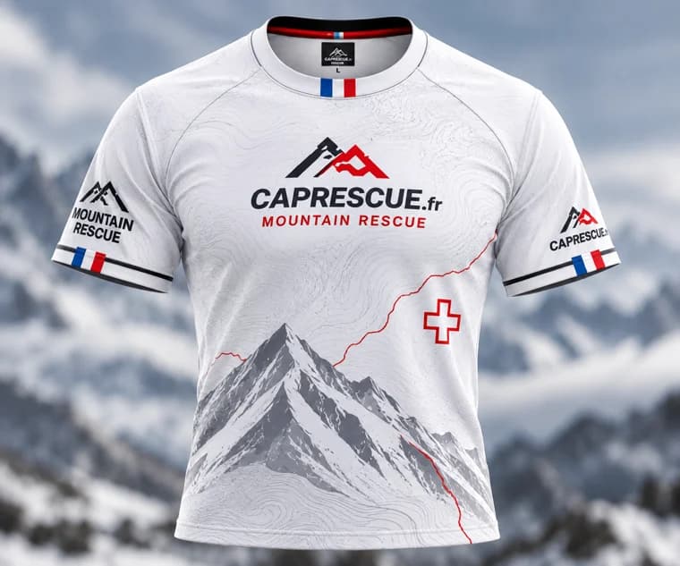Maillot technique CAP RESCUE Mountain Classique blanc blanc, gris, touche rouge, coupe homme et femme, saison 2027