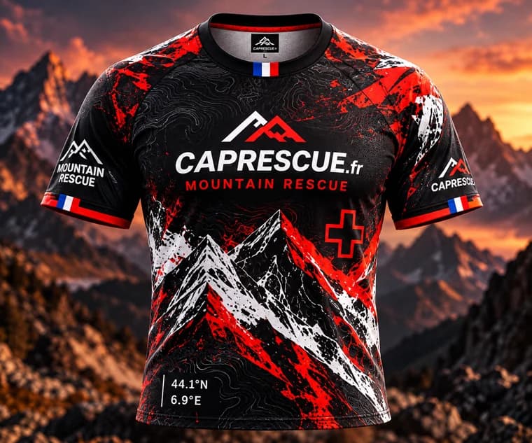 Maillot technique de compétition CAP RESCUE Mountain Rescue noir, rouge, blanc, coupe homme et femme, saison 2027