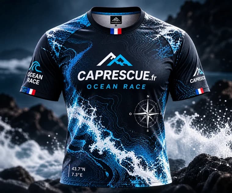 Maillot technique de compétition CAP RESCUE Ocean Race noir, bleu, blanc, coupe homme et femme, saison 2027