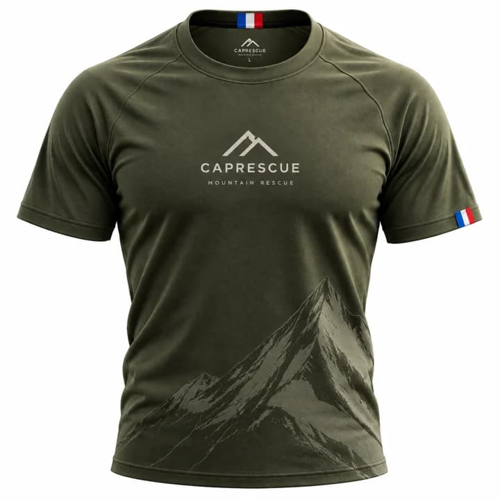 Tee-shirt homme 100 % laine mérinos CAP RESCUE coloris kaki, motif montagne Mountain Rescue