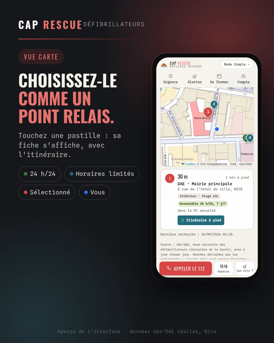 Carte des défibrillateurs DAE avec pastilles numérotées, vertes pour les appareils accessibles 24 h/24, et fiche du défibrillateur sélectionné