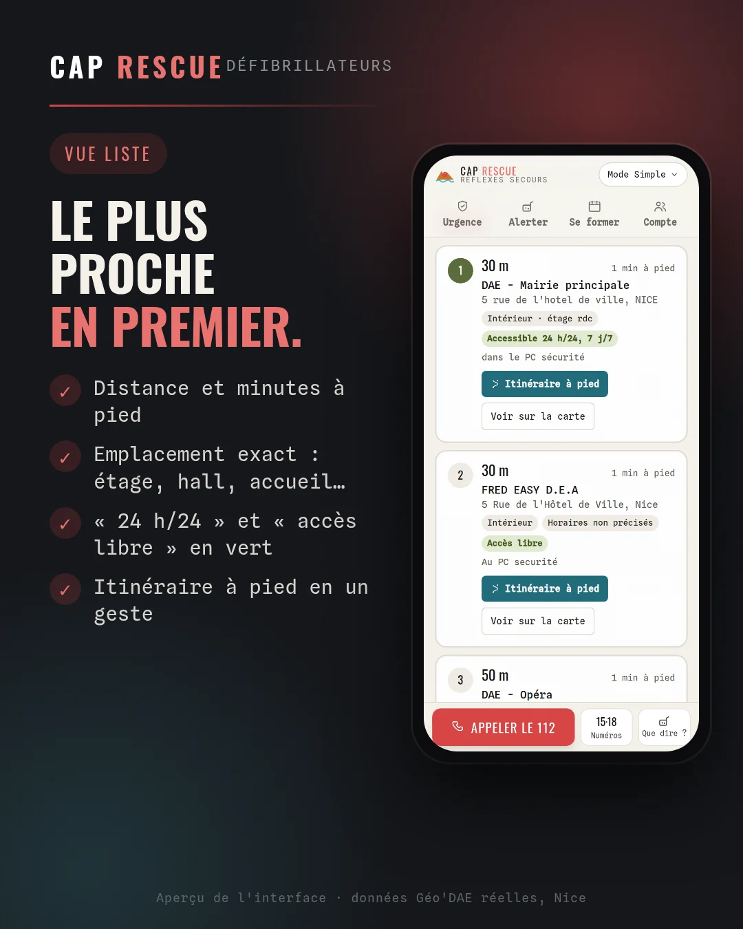 Liste des défibrillateurs les plus proches avec distance, temps à pied, accès et horaires dans l'application Réflexes secours