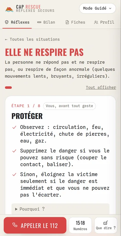 Mode Guidé de l'appli Réflexes secours : étapes Protéger, bilan et gestes