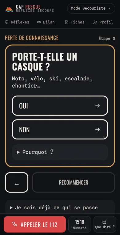 Mode Secouriste de l'appli Réflexes secours : arbre décisionnel PSE, « Porte-t-elle un casque ? », réponses Oui / Non