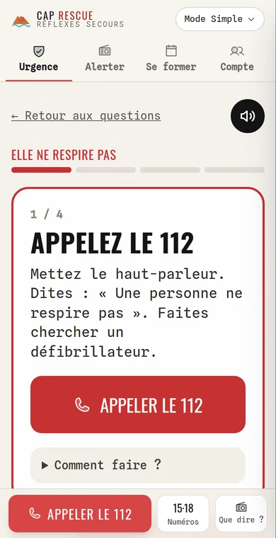 Mode Simple de l'appli Réflexes secours : « Appelez le 112 », une consigne à la fois