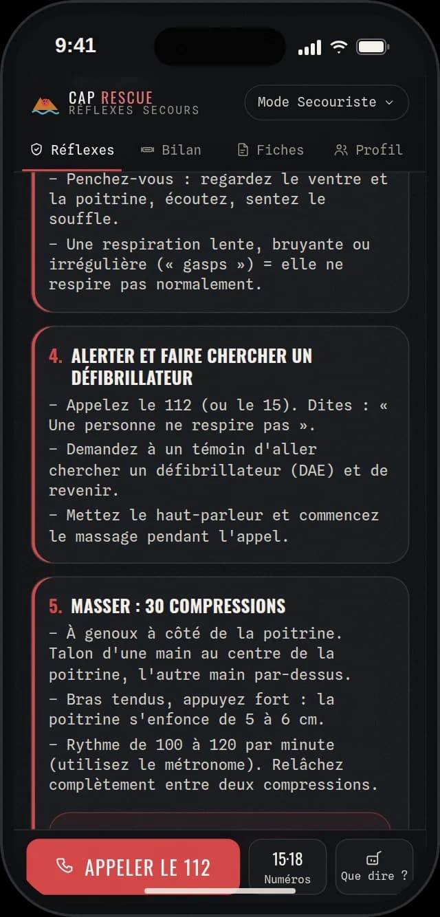 Arrêt cardiaque dans l'application : alerter, faire chercher un défibrillateur, 30 compressions au rythme du métronome