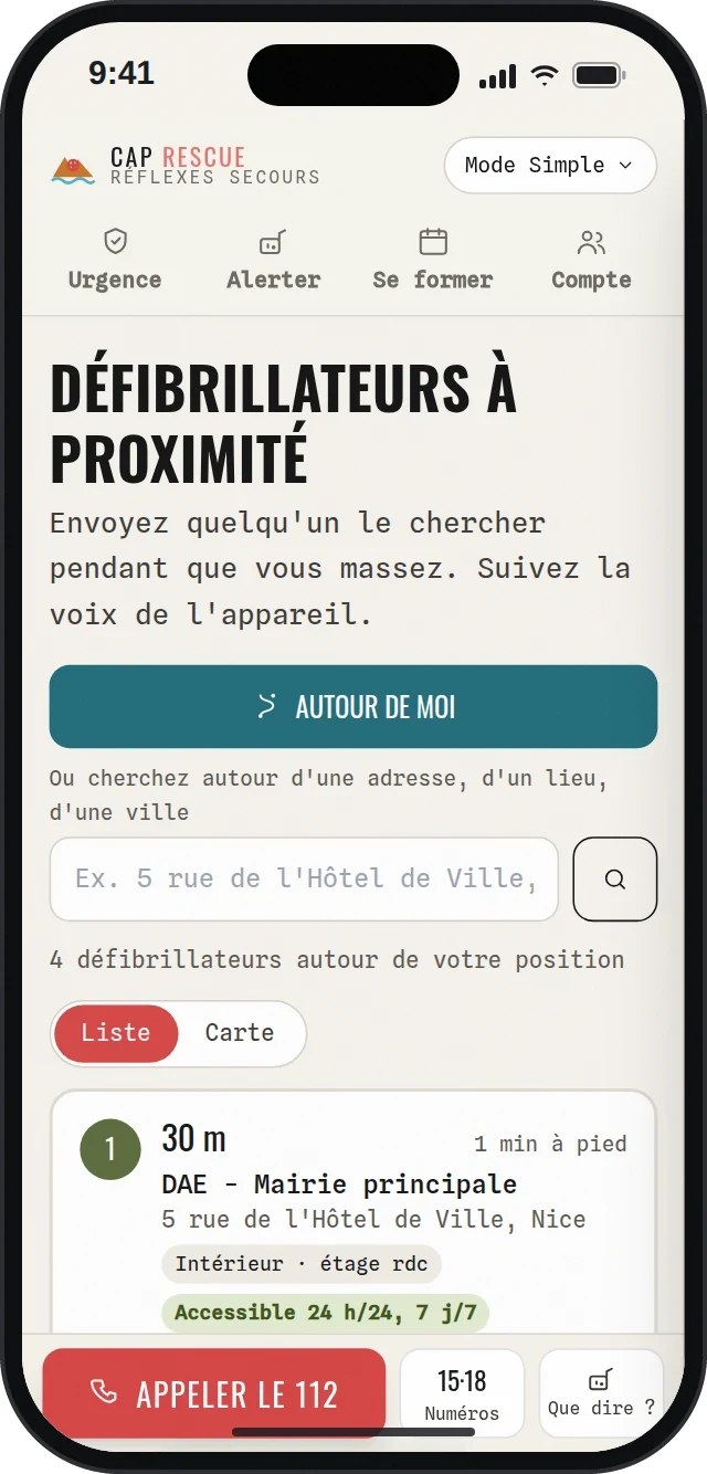 Défibrillateurs à proximité dans l'application : distance, emplacement, accès 24 h/24 et itinéraire à pied