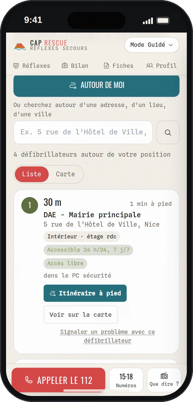 Défibrillateurs les plus proches dans l'application Réflexes secours