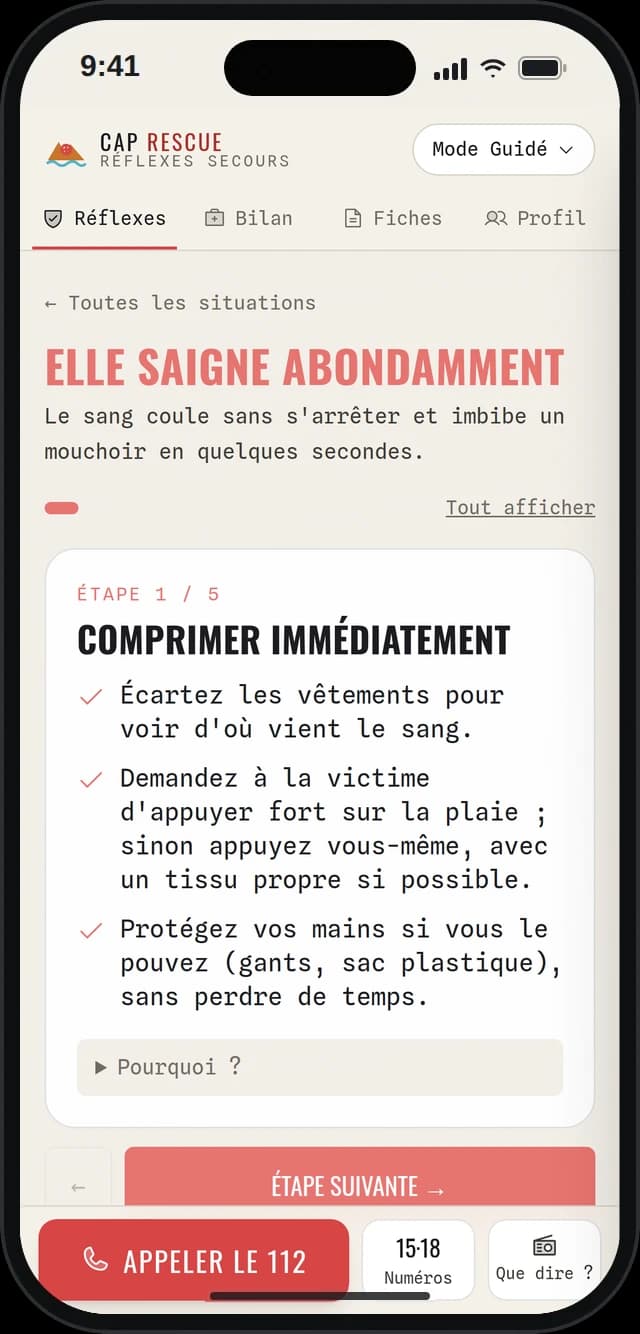Fiche hémorragie de l'application : comprimer immédiatement, allonger et alerter, garrot si nécessaire, étape par étape