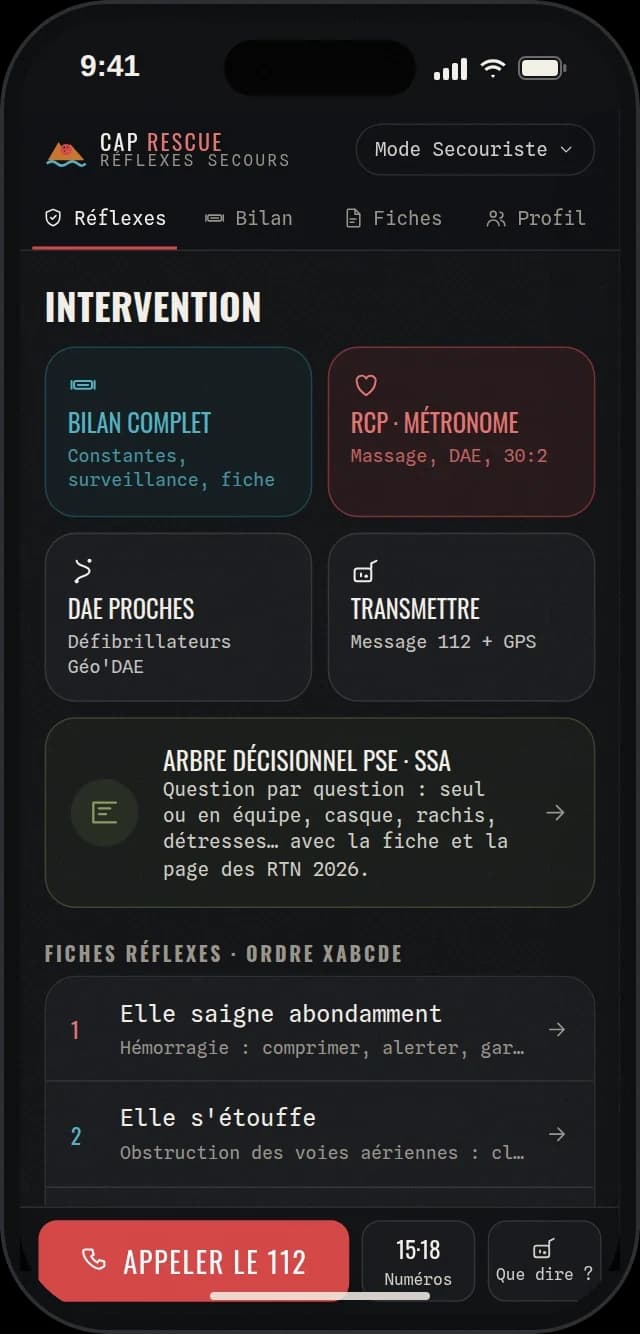 Mode secouriste de l'application : bilan complet, RCP avec métronome, défibrillateurs, message 112, arbre décisionnel