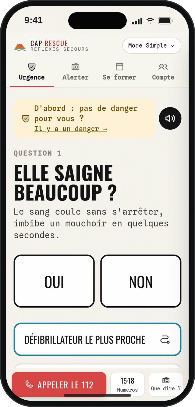 Application premiers secours en mode simple : « Elle saigne beaucoup ? », répondre oui ou non
