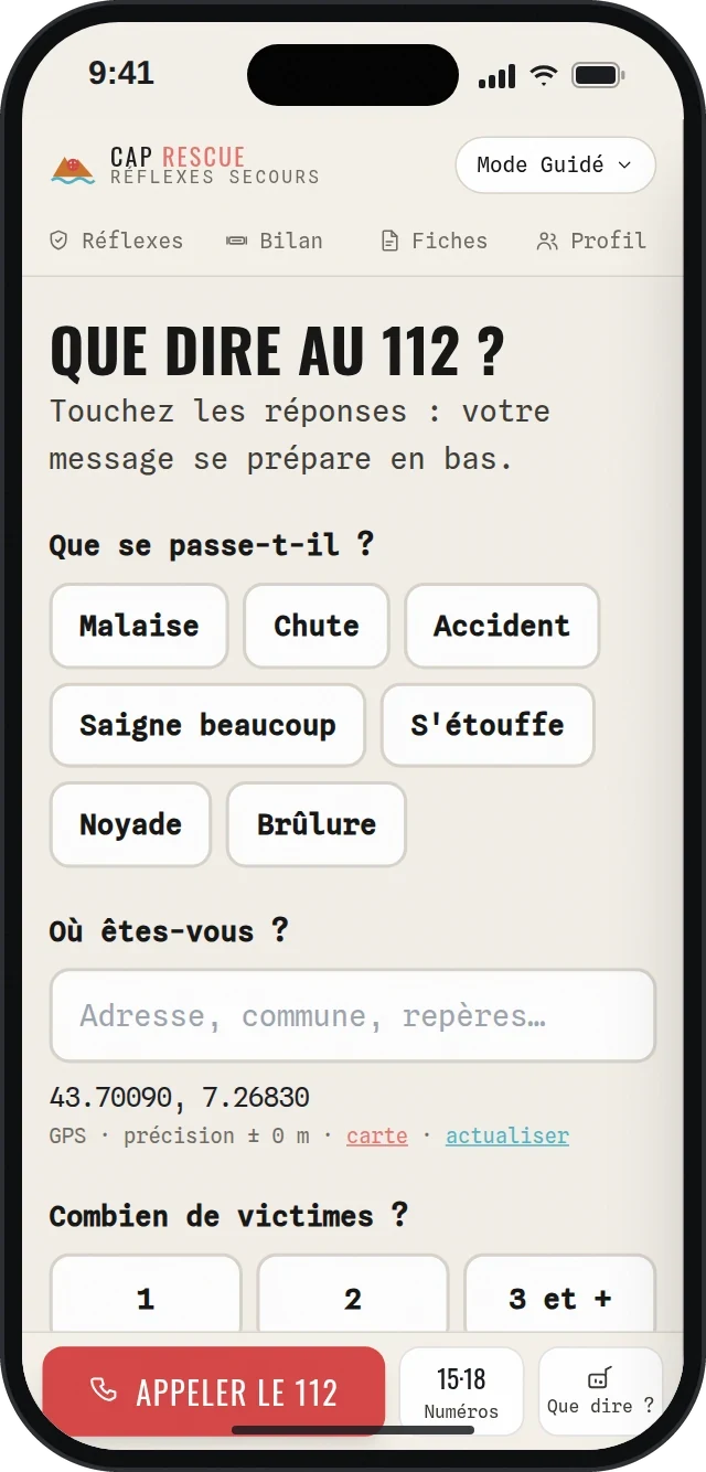 Assistant « Que dire au 112 ? » : ce qui se passe, où vous êtes avec la position GPS, combien de victimes