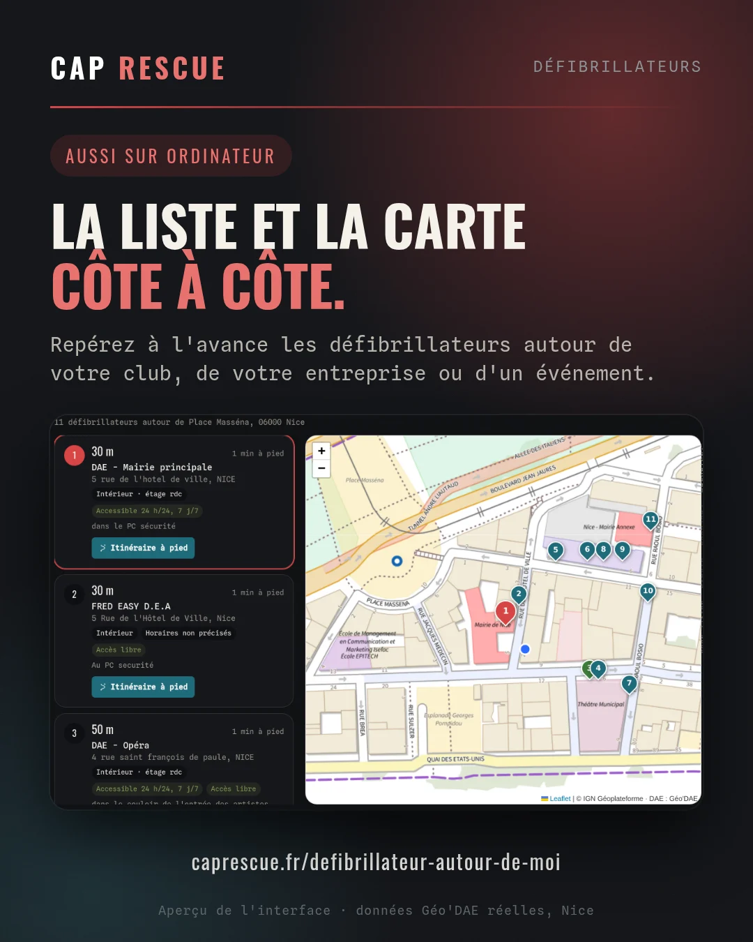 Page Trouver un défibrillateur autour de moi sur ordinateur : liste des DAE et carte côte à côte